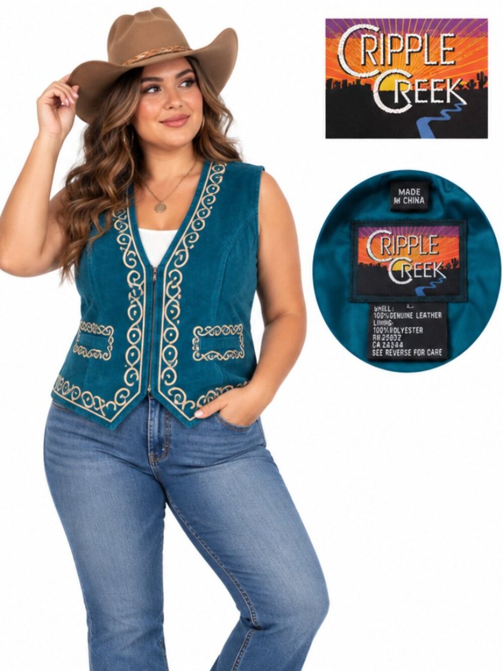 Cripple Creek Womens Teal Blue Leather Embroidered Western Vest CL27961 Large